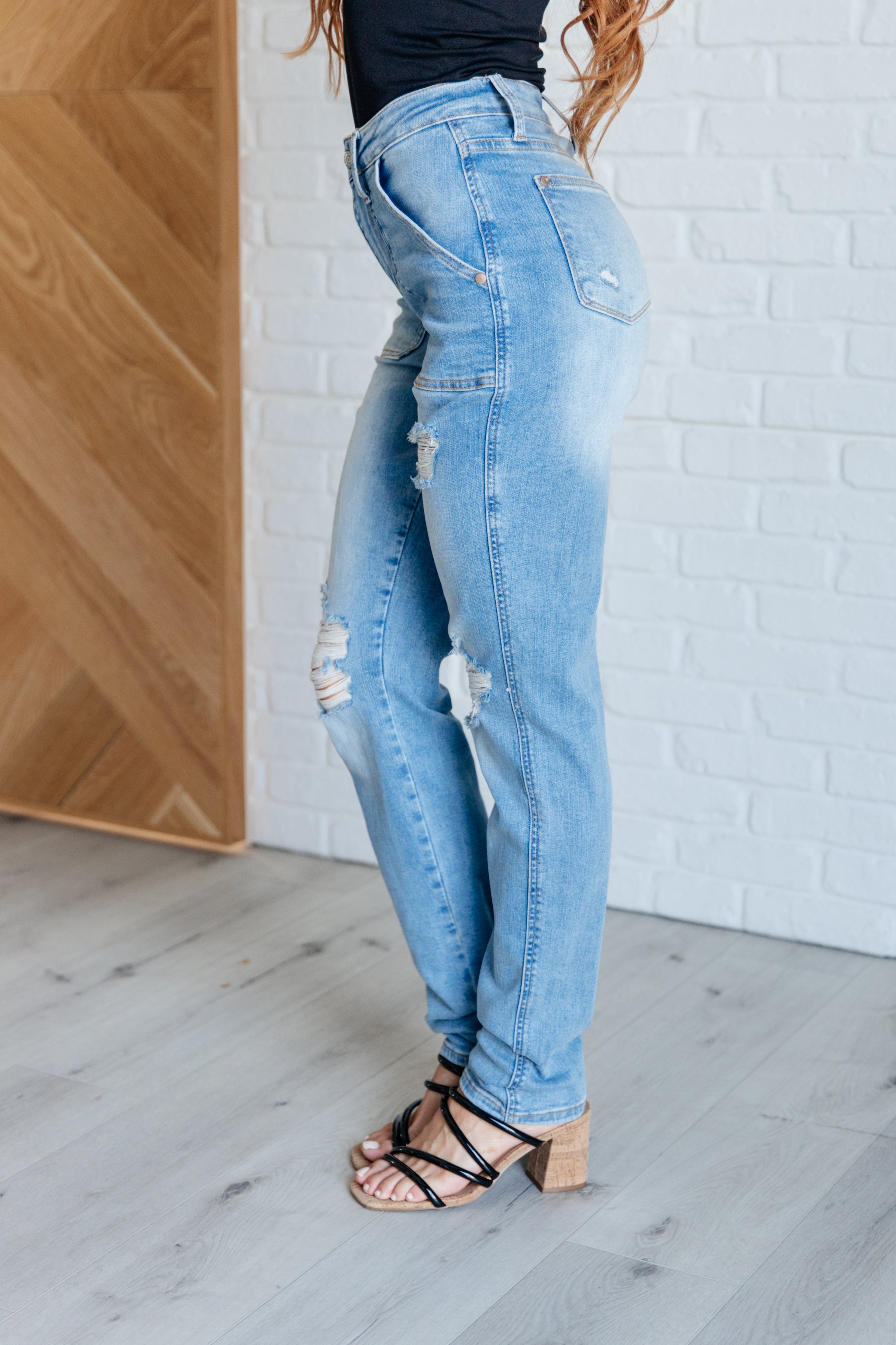 Chicago High Rise Patch Pocket Distressed Boyfriend Jeans