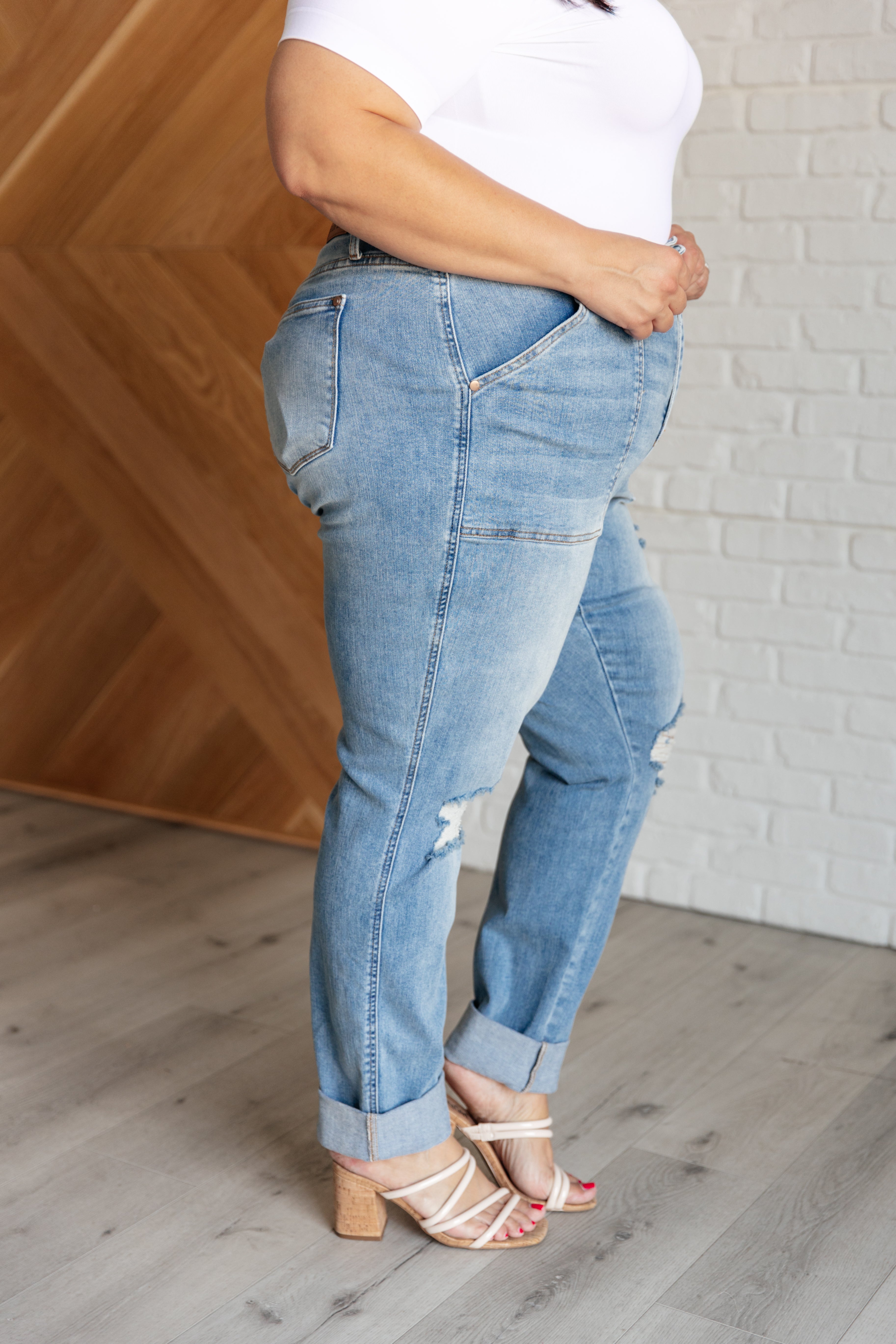 Chicago High Rise Patch Pocket Distressed Boyfriend Jeans