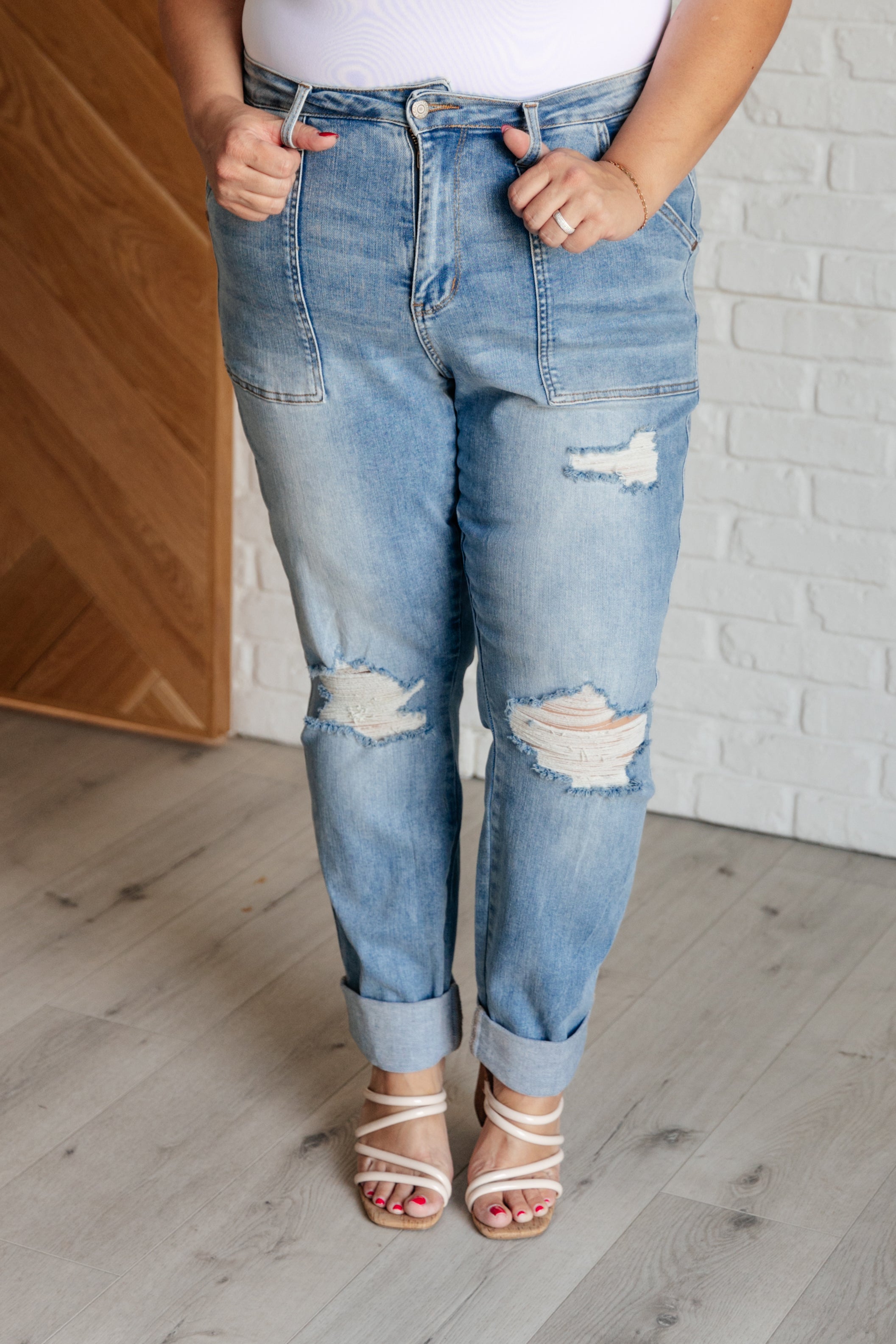 Chicago High Rise Patch Pocket Distressed Boyfriend Jeans