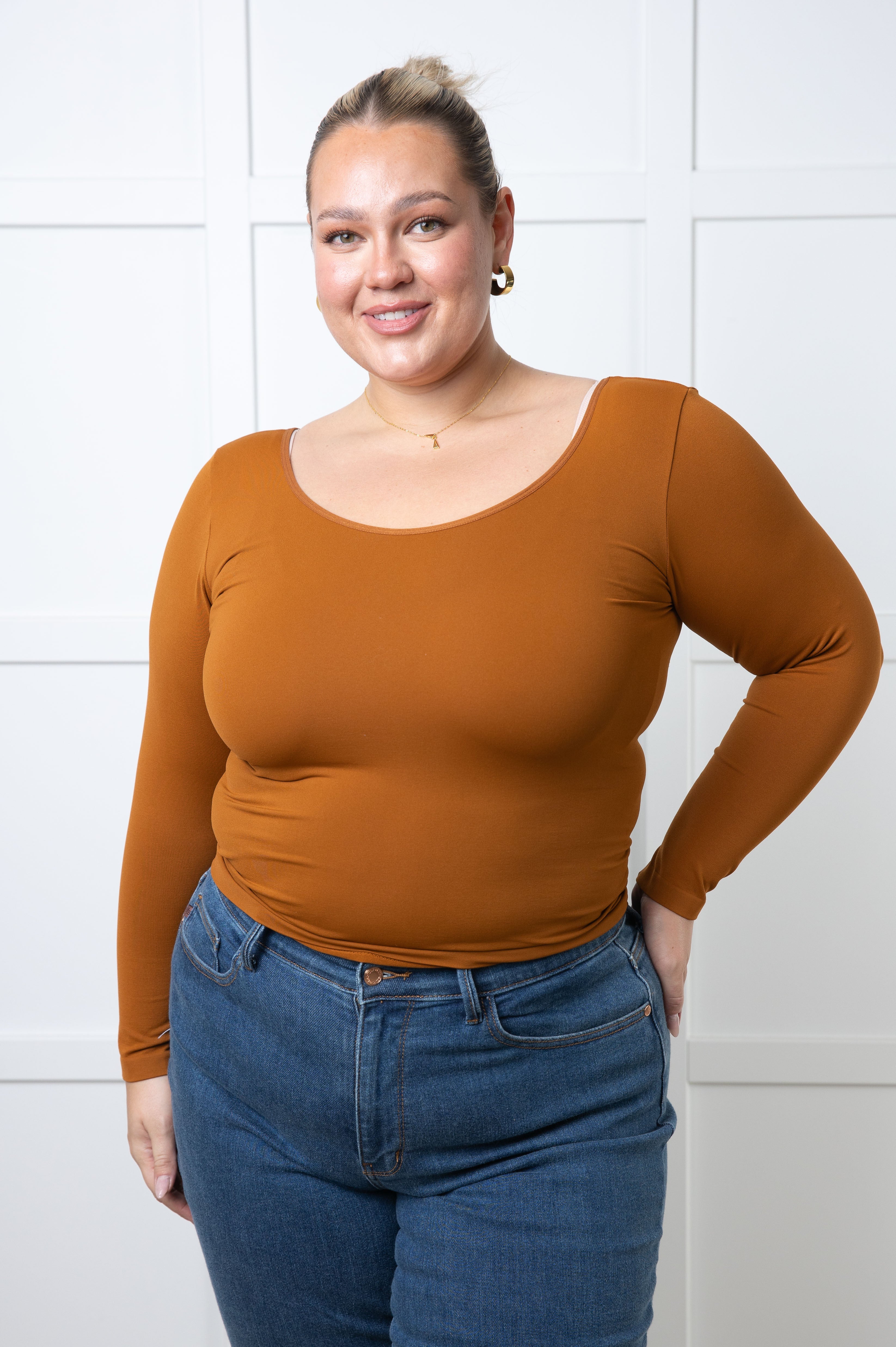 Essential Seamless Reversible Long Sleeve Top in Caramel