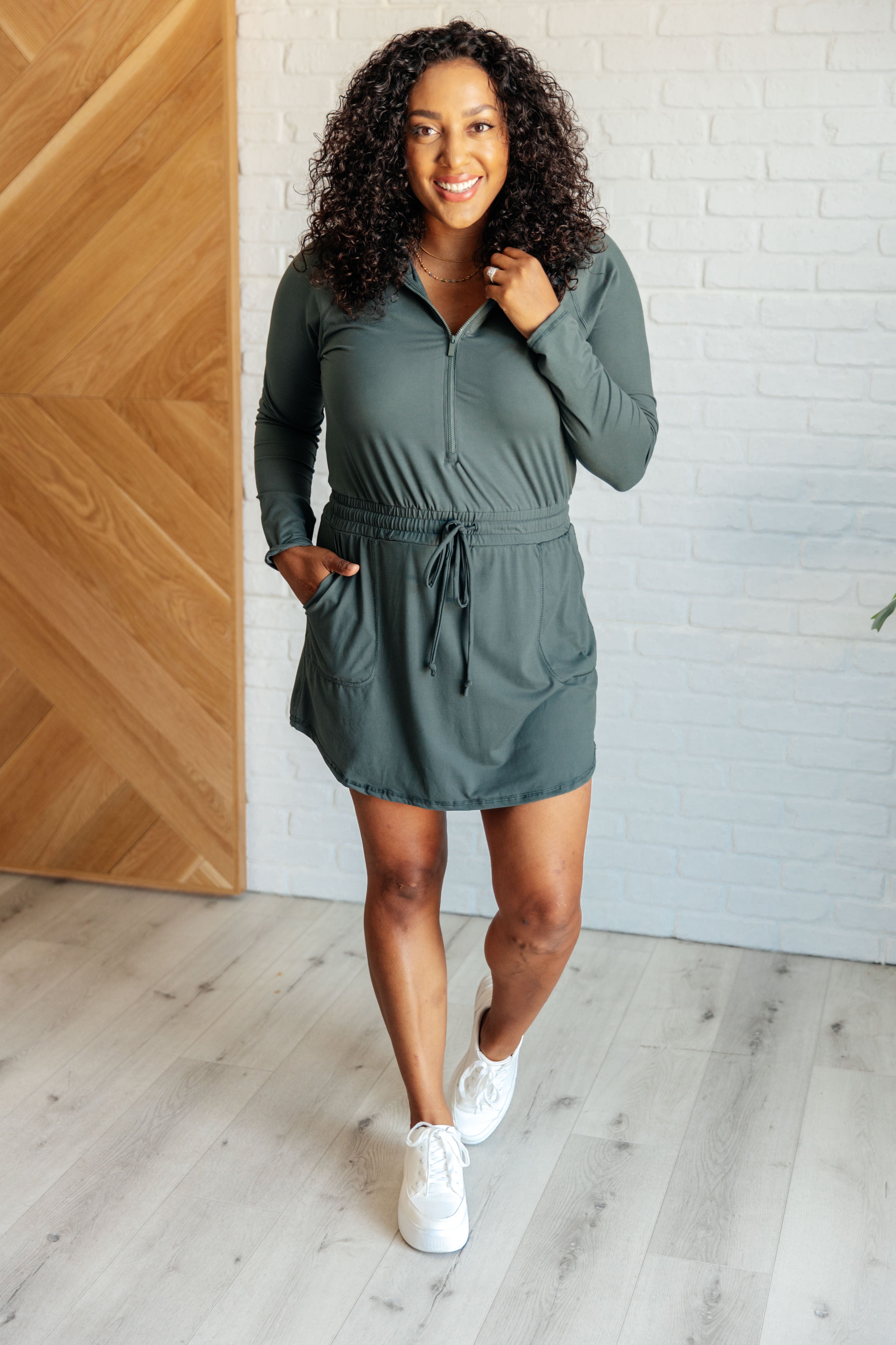 Courtside Long Sleeve Hoodie Romper in Smoked Spruce