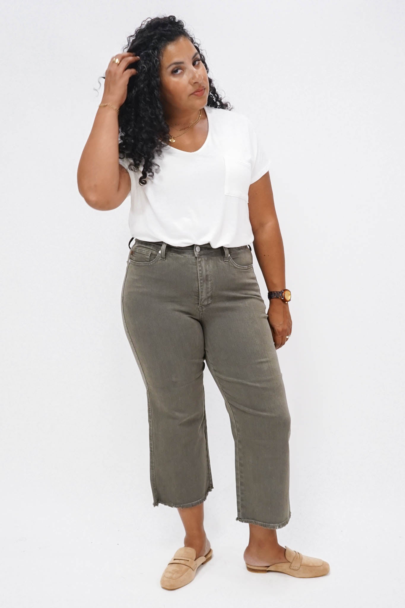 Fargo High Rise Control Top Wide Leg Crop Jeans in Olive