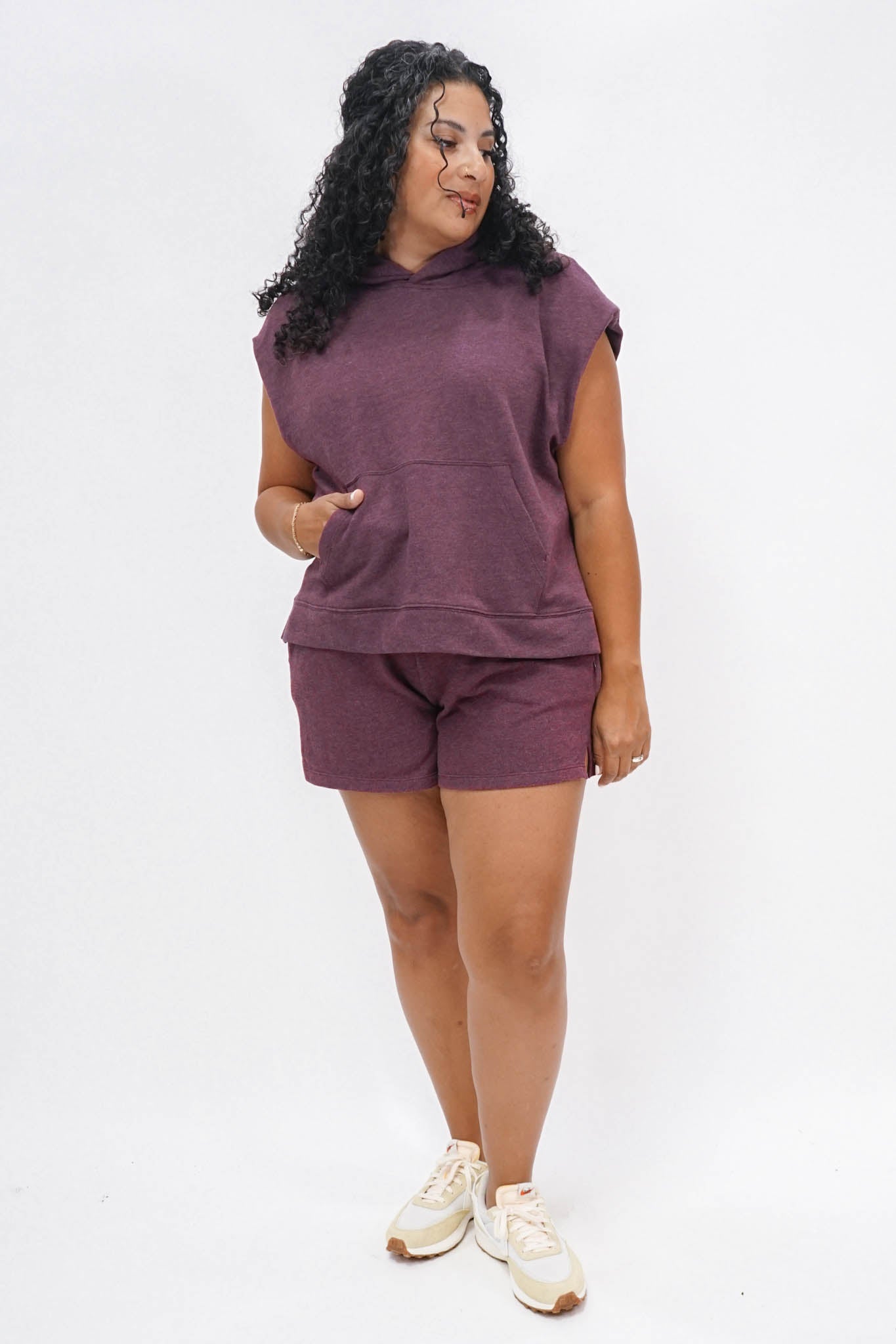 Knockout Sleeveless Hoodie and Shorts Set in Plum