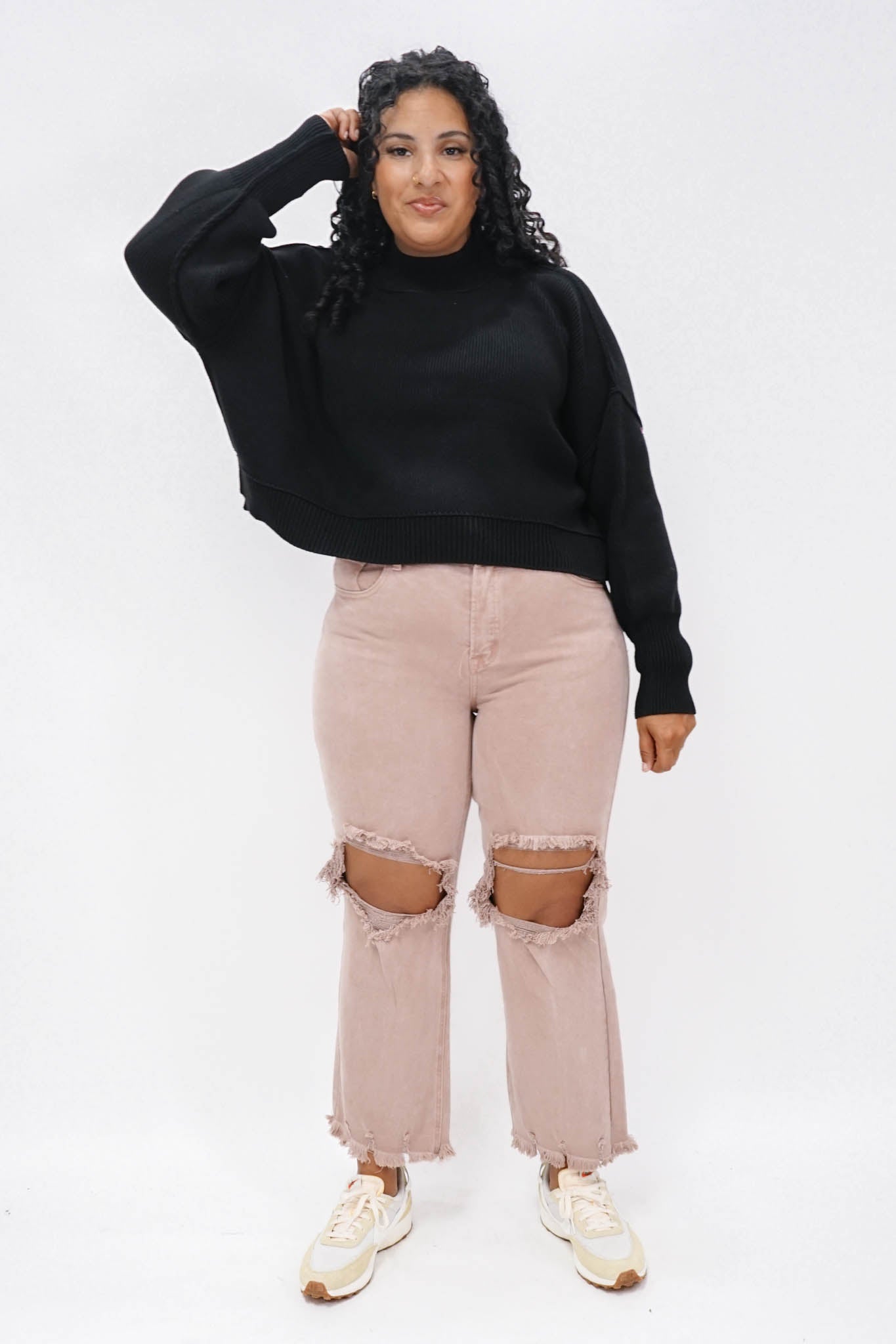Maggie Mock Neck Cropped Sweater in Black