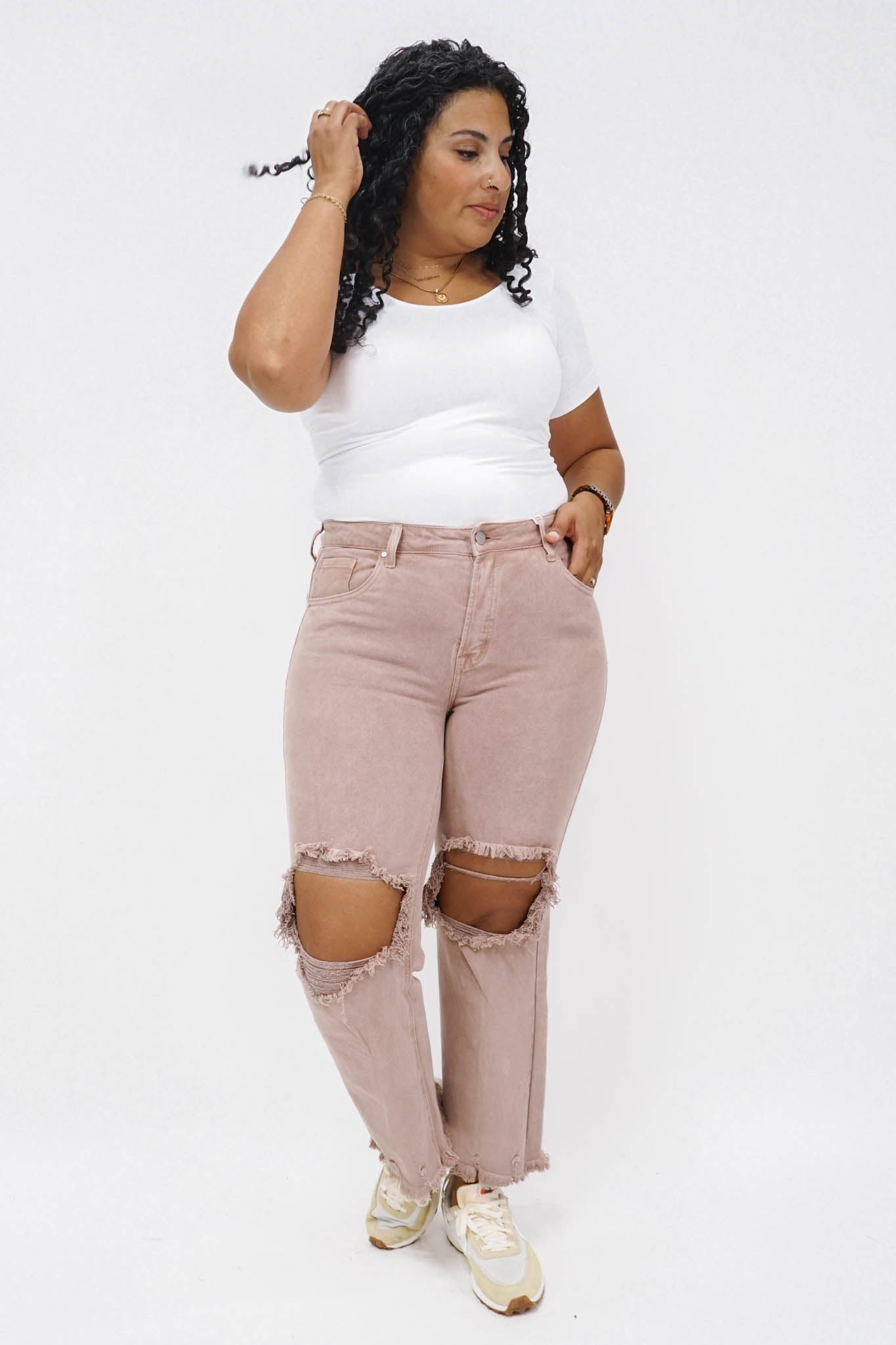 Pomona High Rise Distressed Straight Jeans in Mauve
