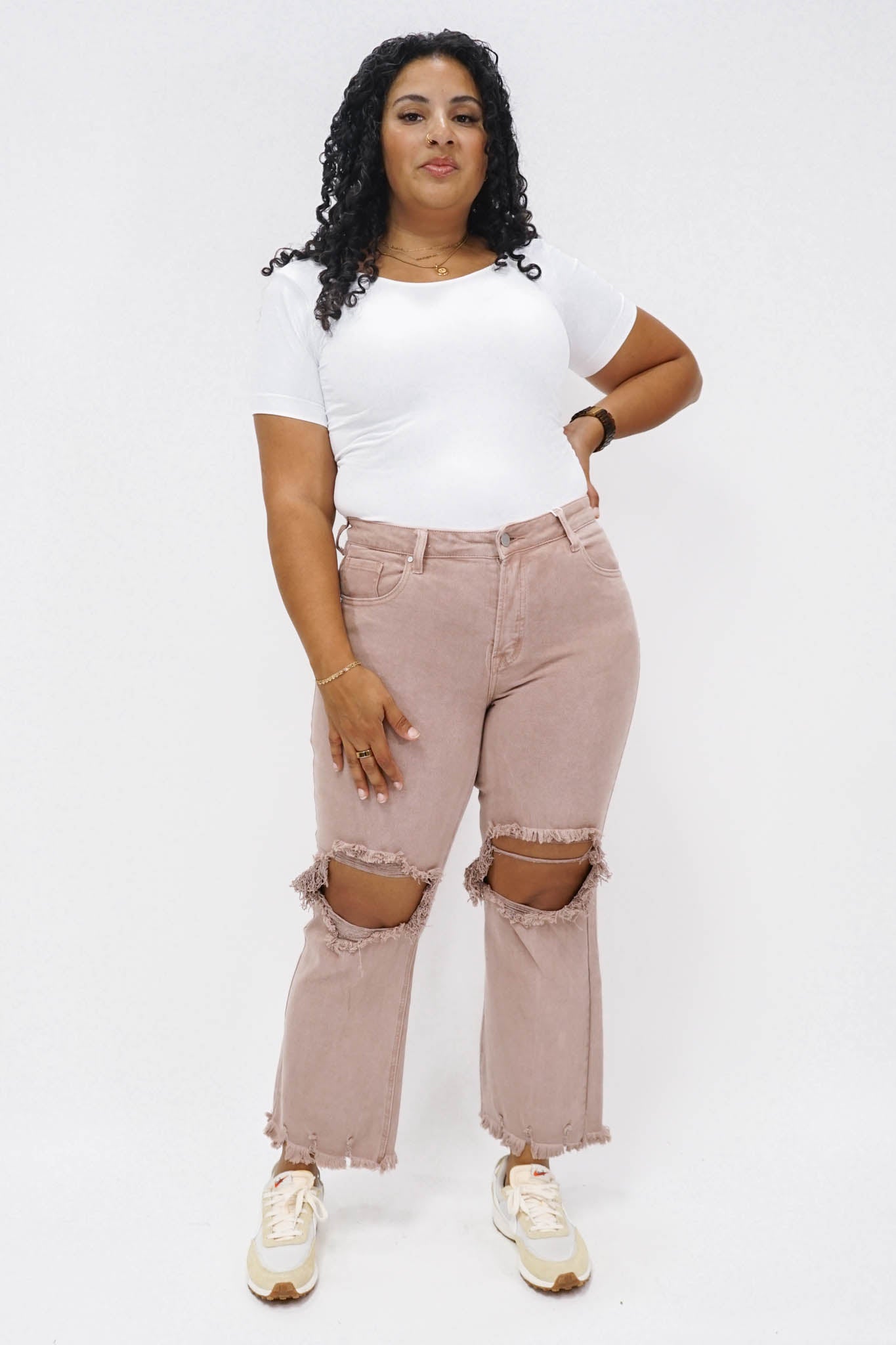 Pomona High Rise Distressed Straight Jeans in Mauve