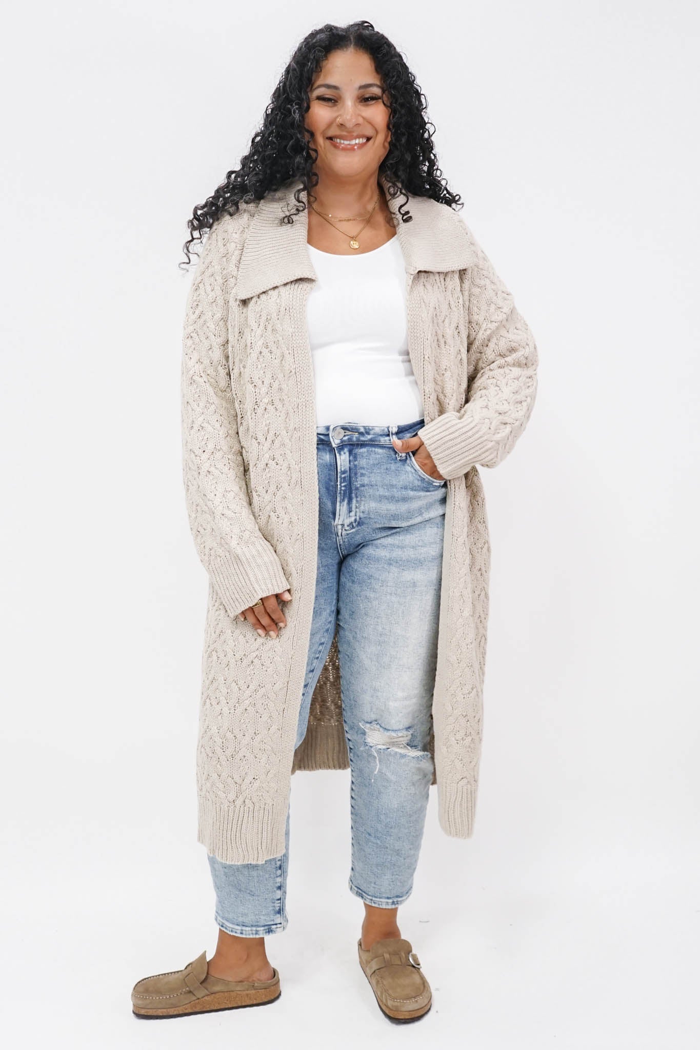 Express, Cable Knit Duster Cardigan in Swan
