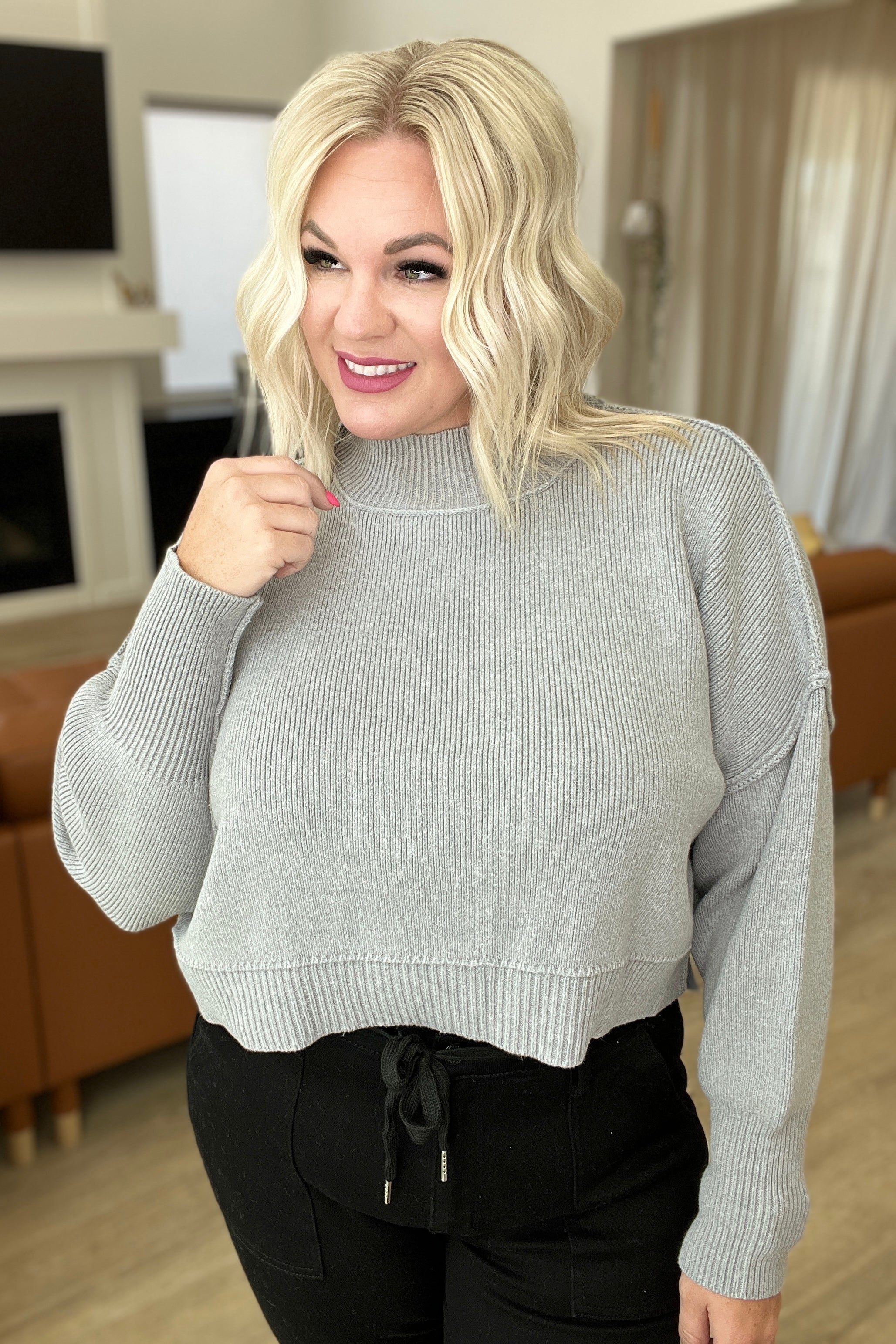 Maggie Mock Neck Cropped Sweater in Heather Grey