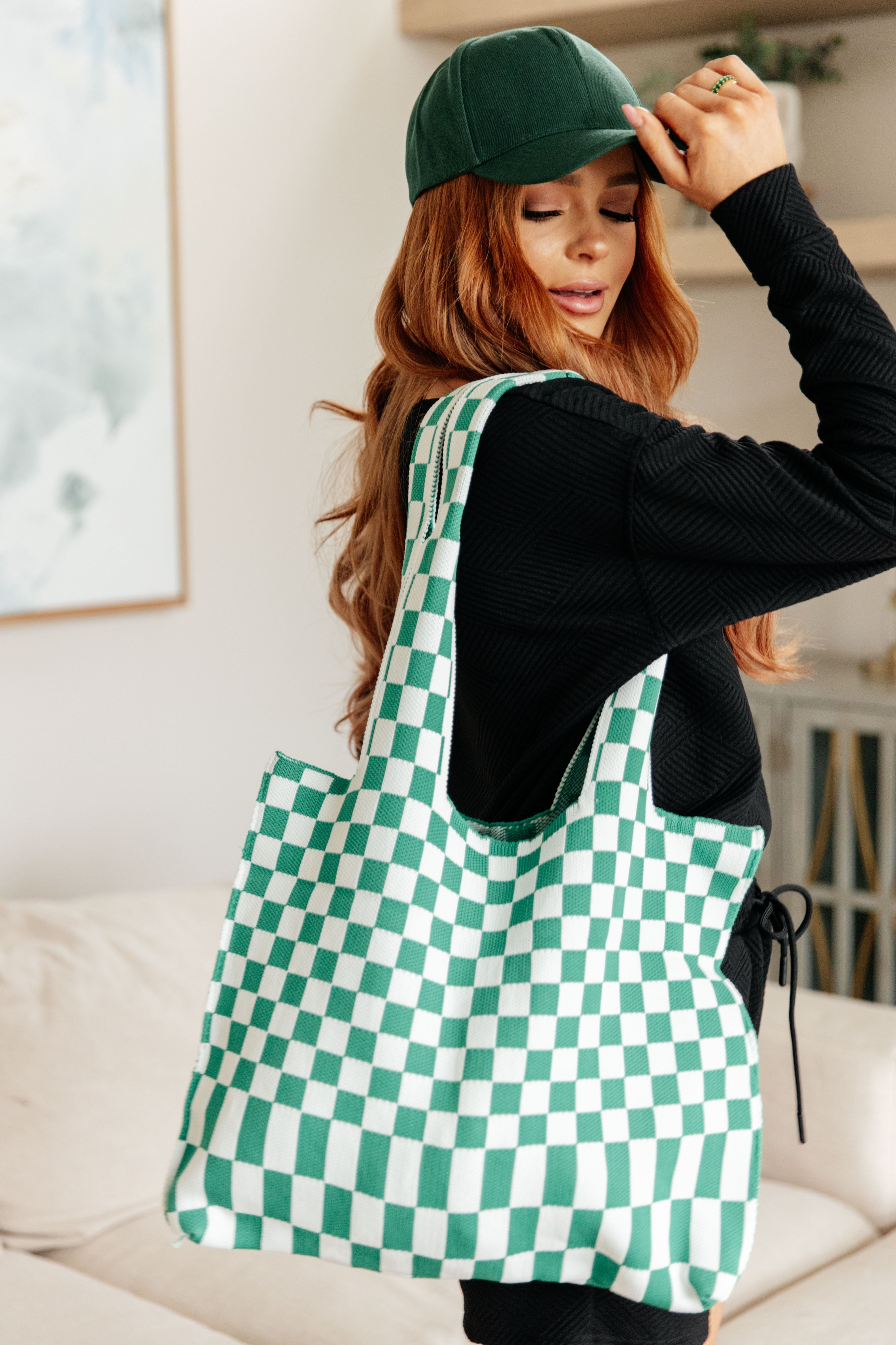 Checkerboard Tote Bag in Green & White
