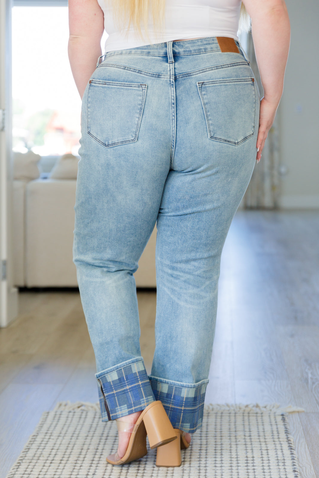 Huntsville High Rise Plaid Cuff Vintage Straight Jeans