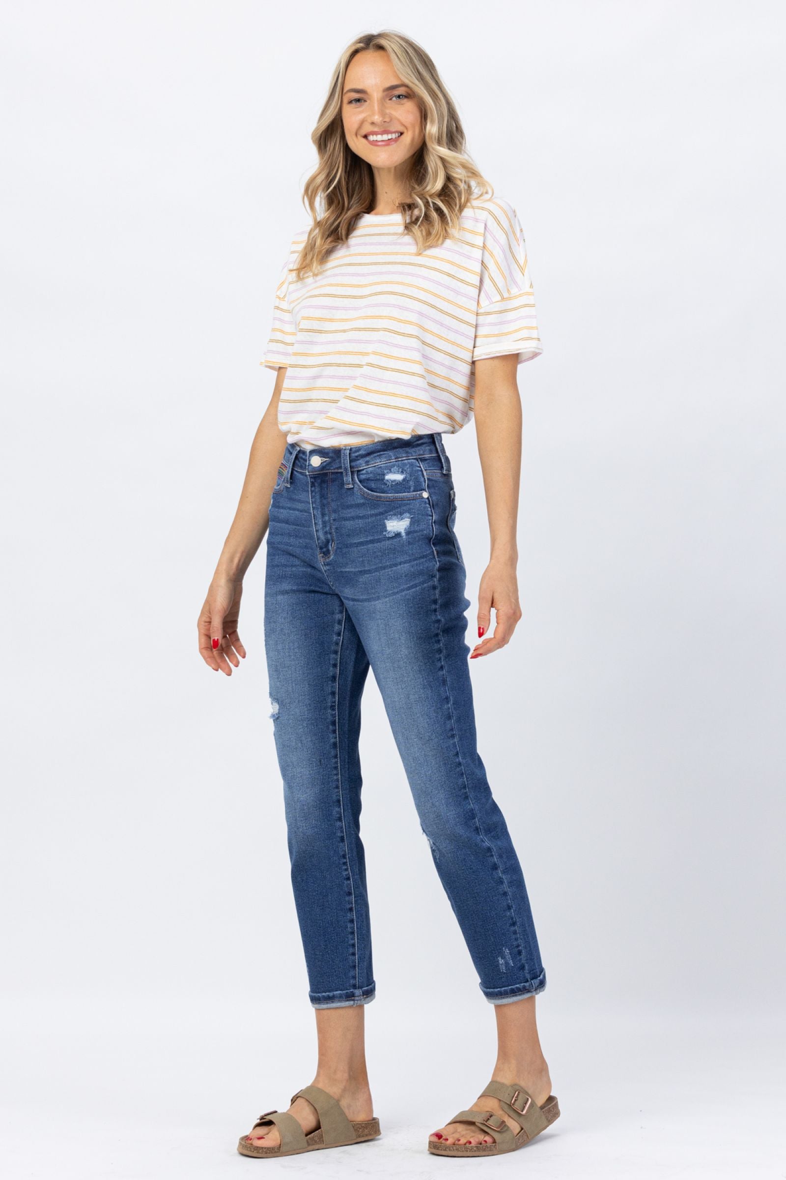 Honolulu High Rise Rainbow Embroidery Cropped Straight Leg Jeans