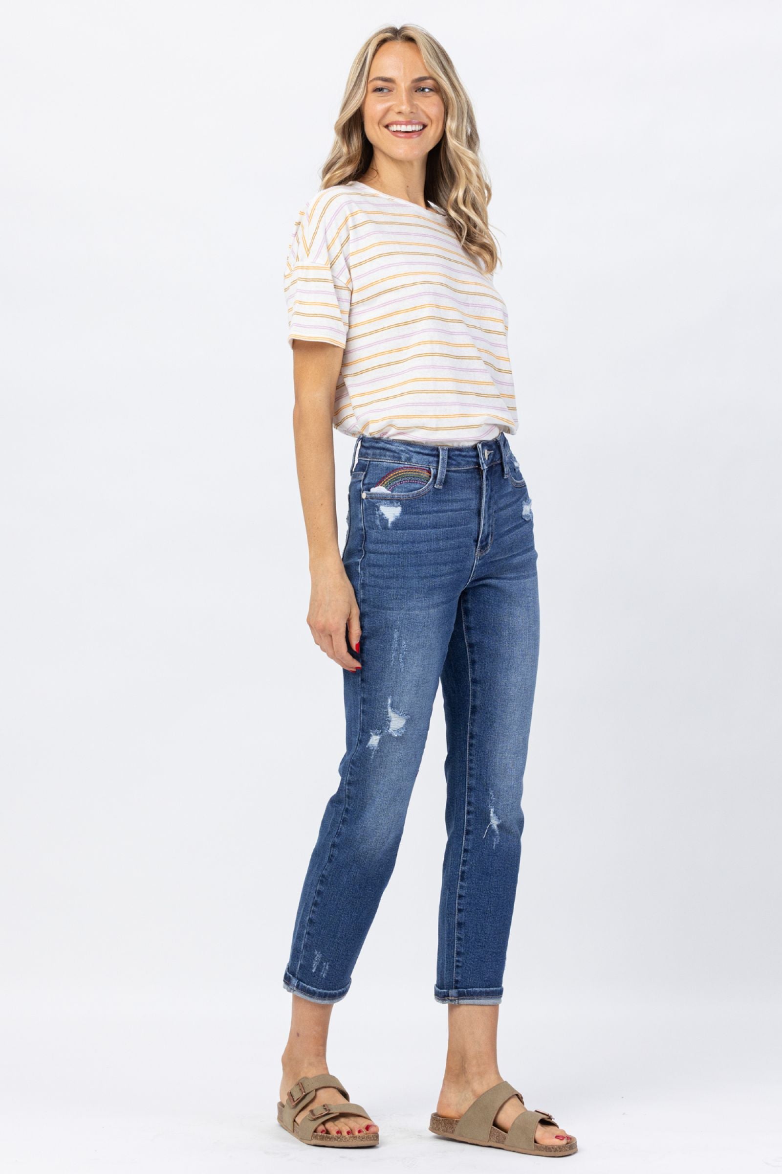 Honolulu High Rise Rainbow Embroidery Cropped Straight Leg Jeans