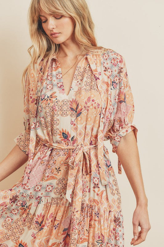 Prague Tie Detail Midi Dress in Sunset