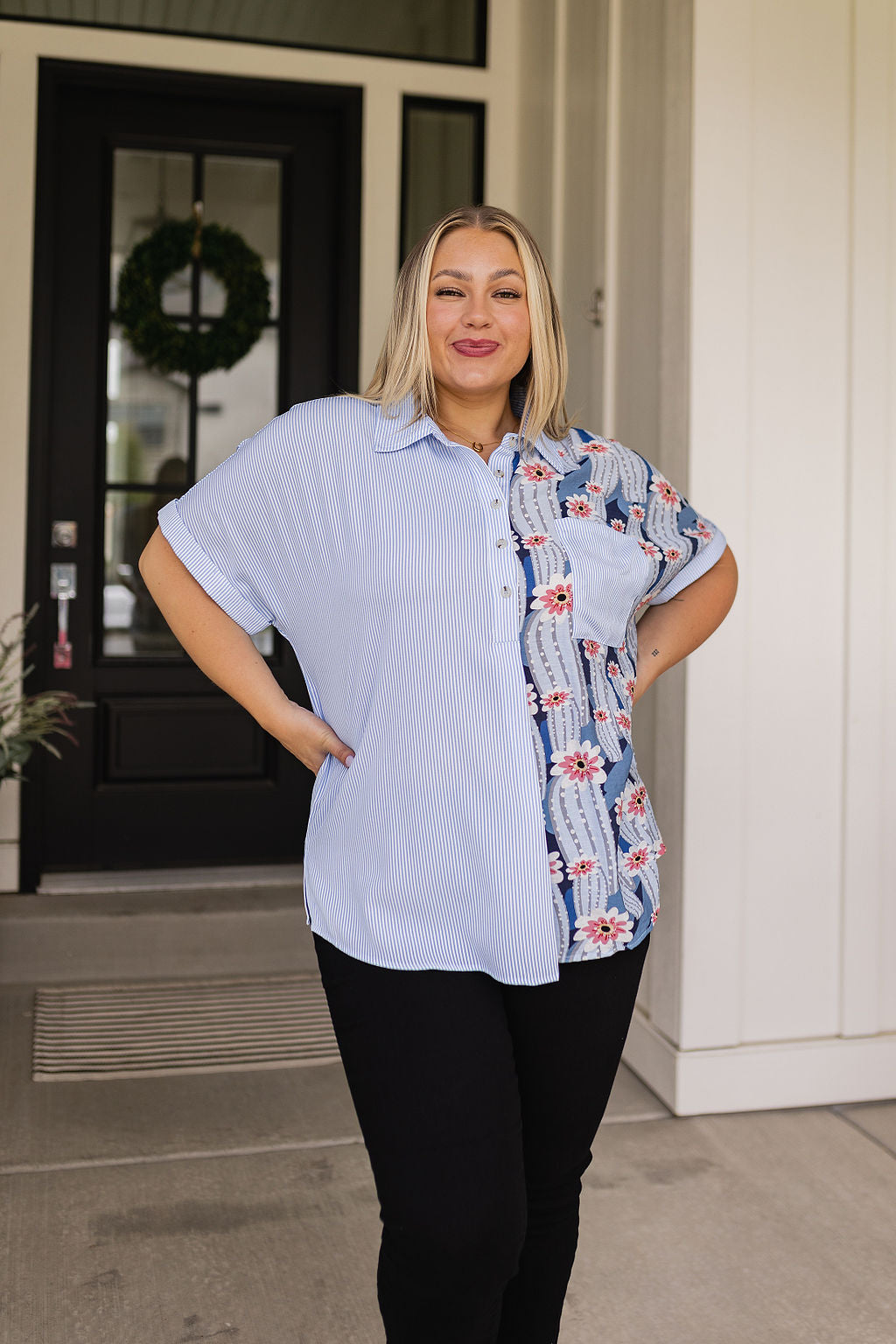 Suzanne Mixed Print Button Up Top