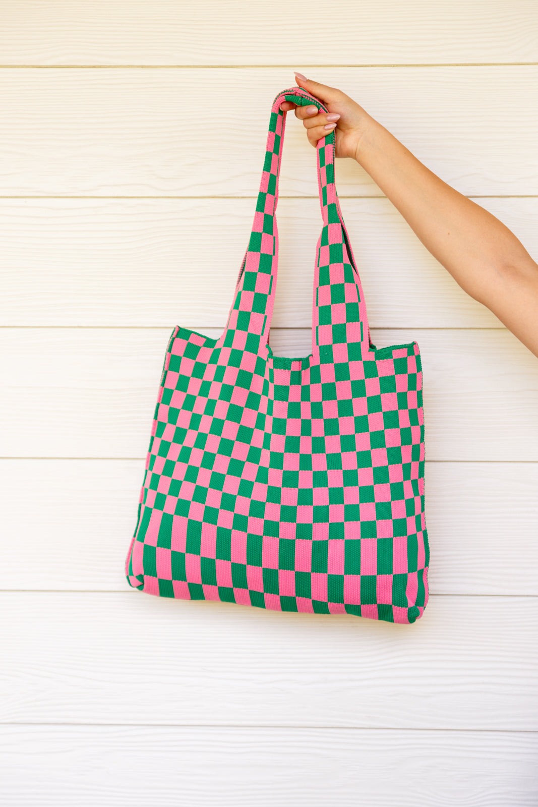 Checkerboard Tote Bag in Pink & Green