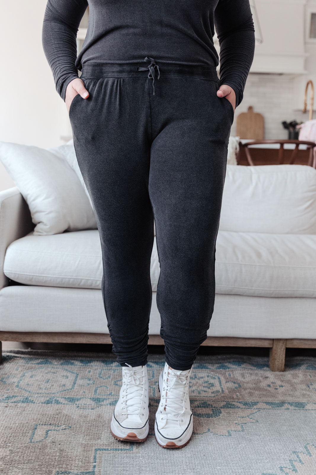 Essential Ribbed Lounge Joggers in Mineral Wash Black