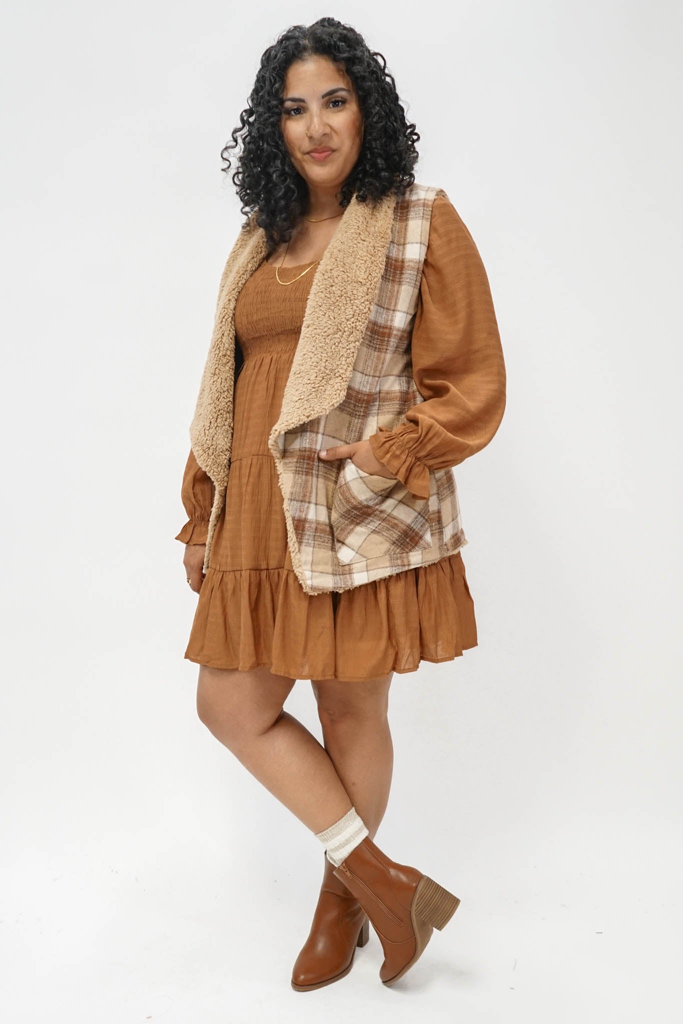 Beth Plaid Sherpa Lined Wide Collar Vest
