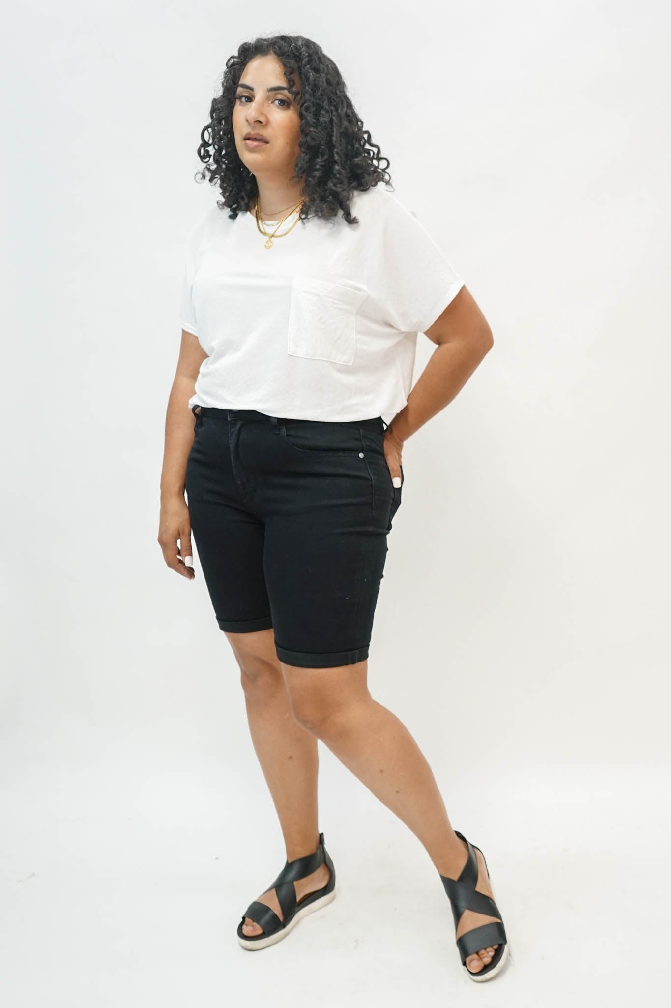 Ebony High Rise Cuffed Bermuda Shorts in Black