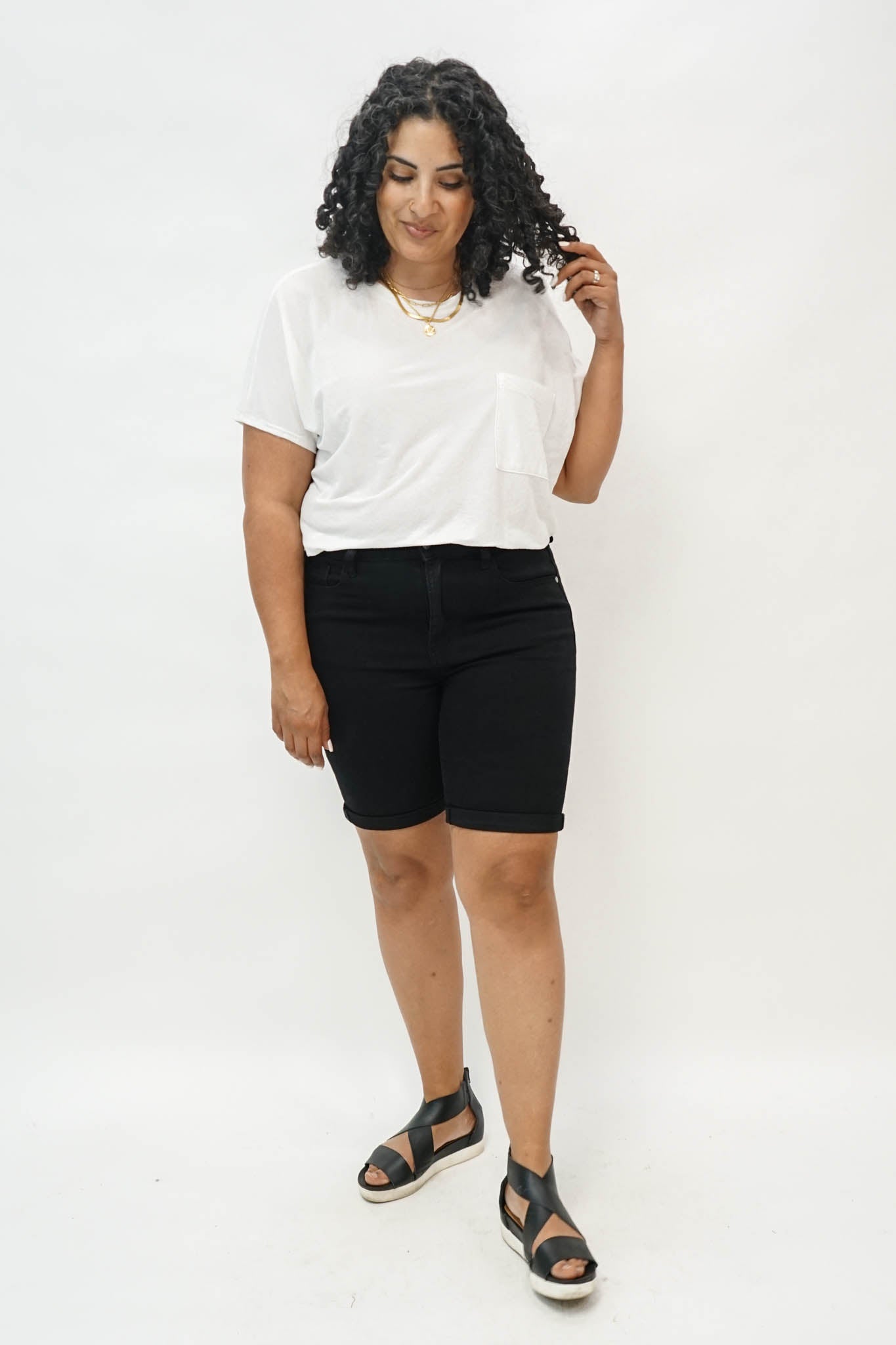 Ebony High Rise Cuffed Bermuda Shorts in Black