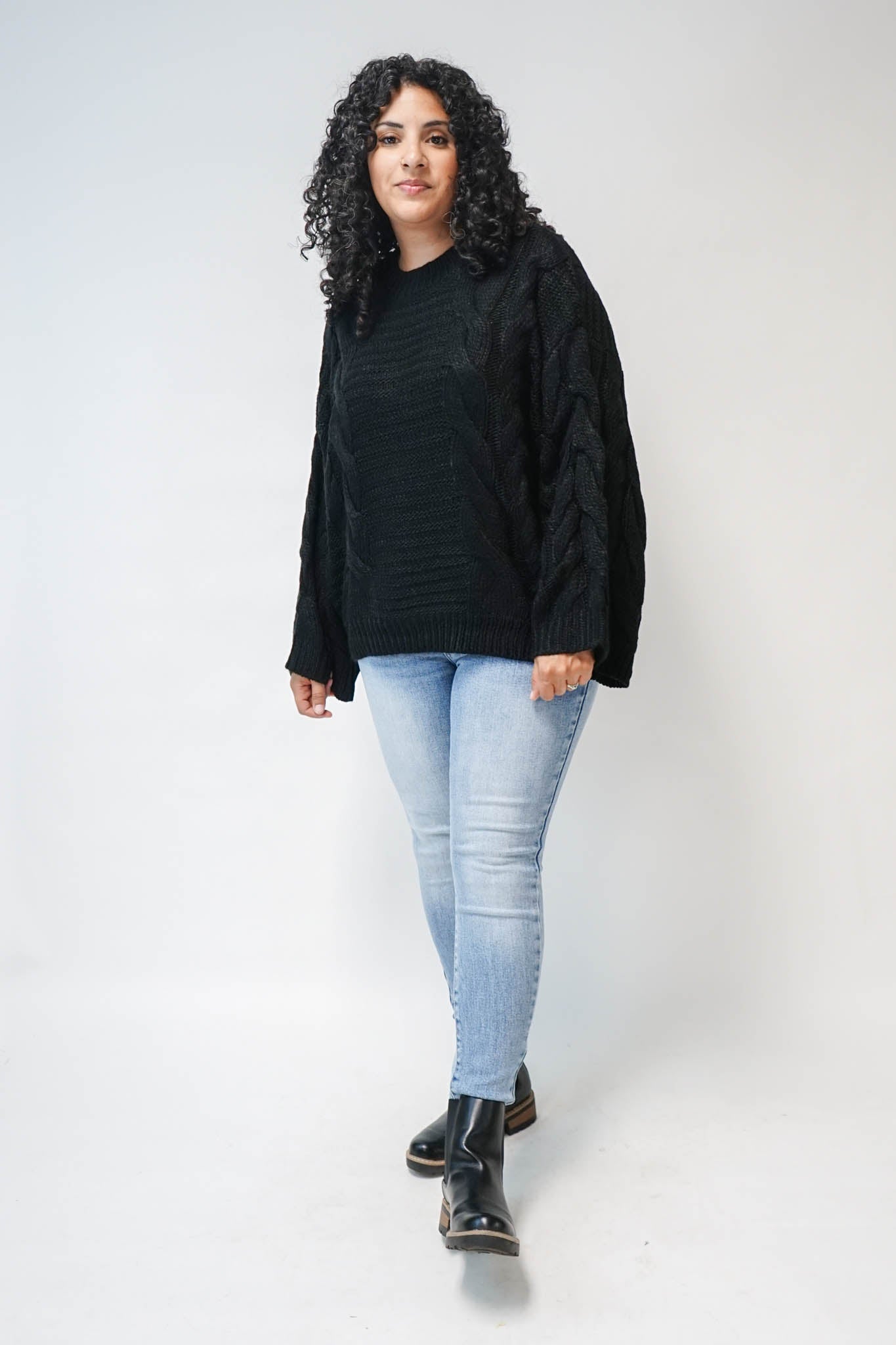 Mary Bell Sleeve Cable Knit Sweater in Black