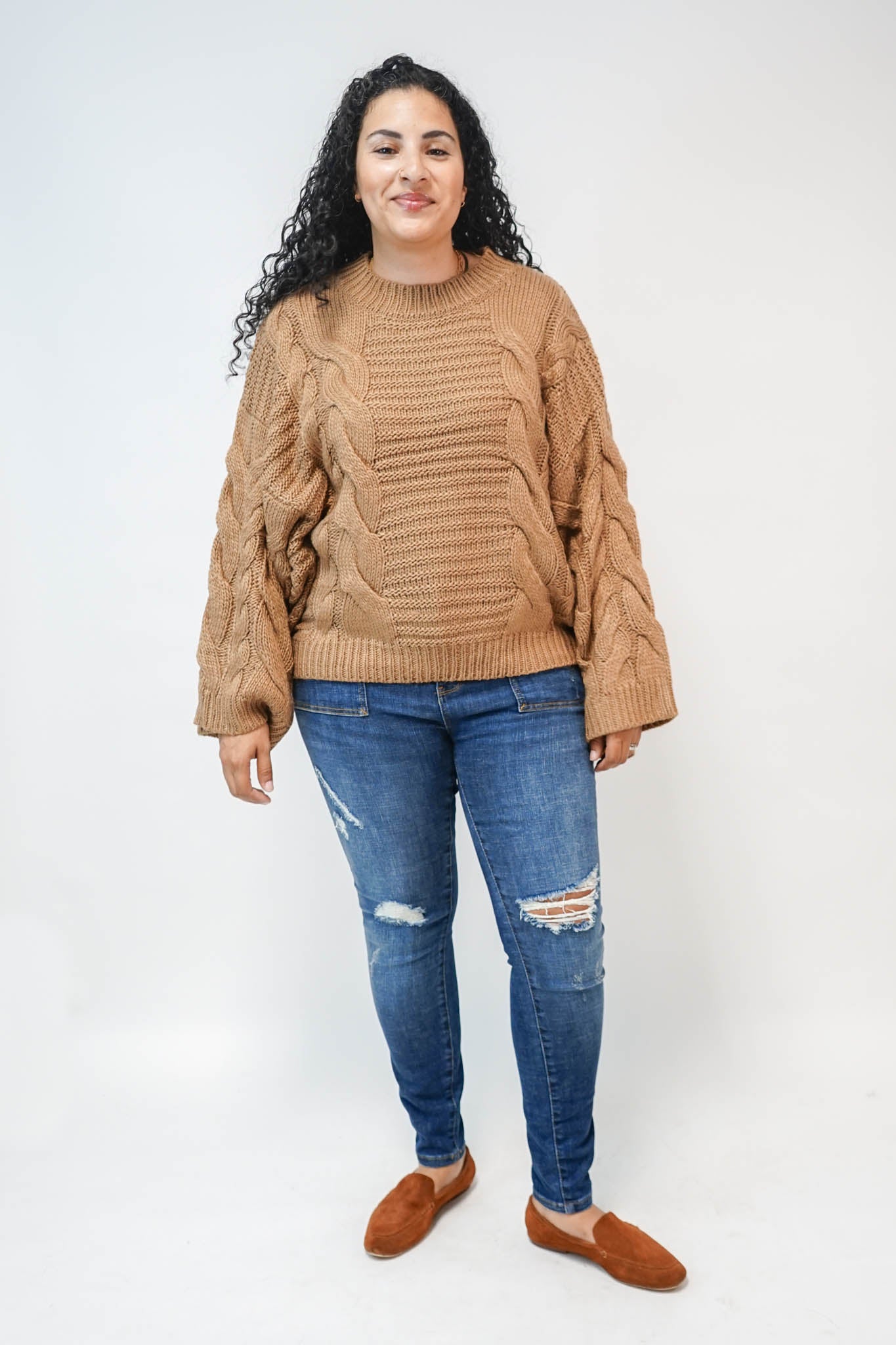 Mary Bell Sleeve Cable Knit Sweater in Camel