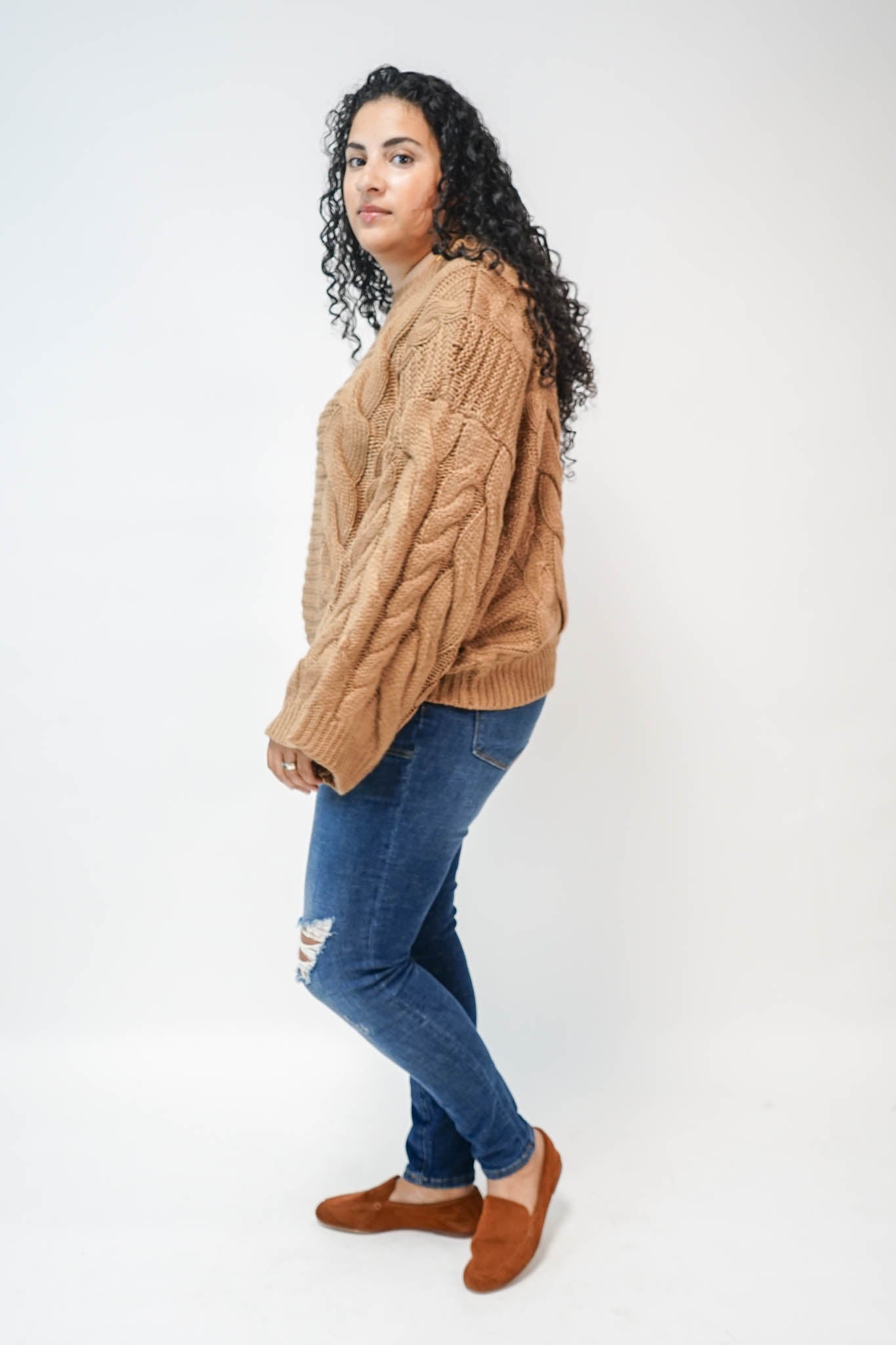 Mary Bell Sleeve Cable Knit Sweater in Camel