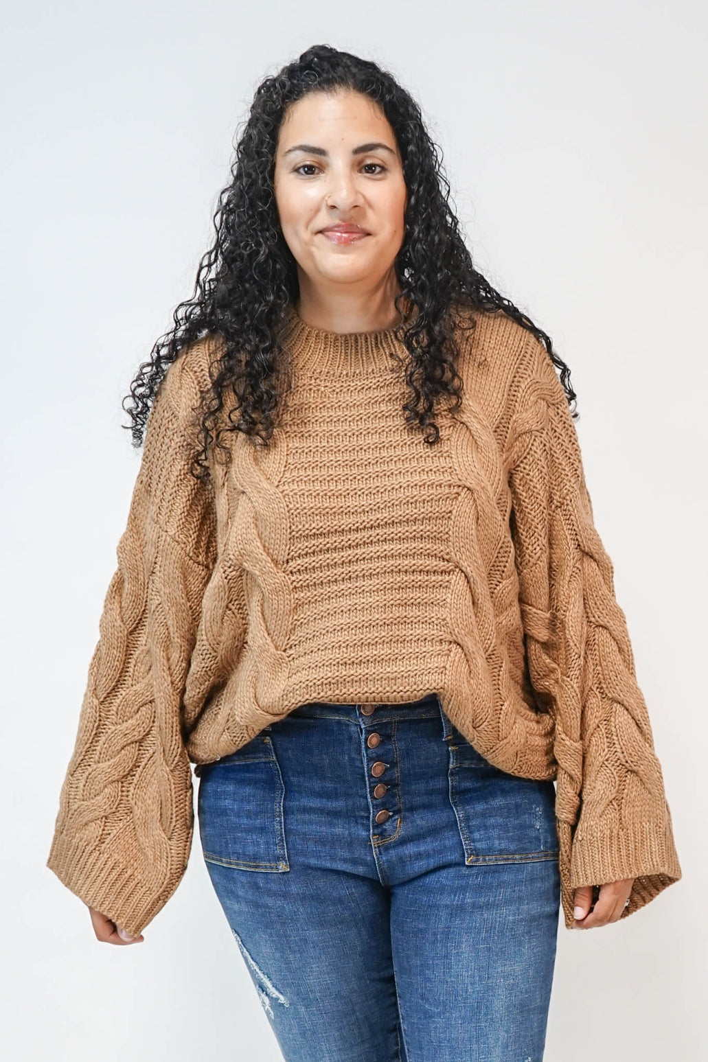 Mary Bell Sleeve Cable Knit Sweater in Camel