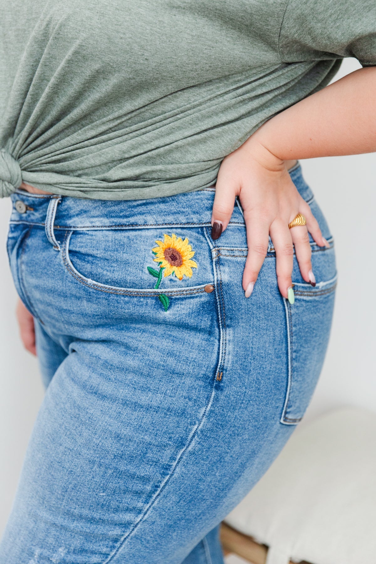 Blue Island Sunflower Embroidery High Rise Relaxed Fit Jeans