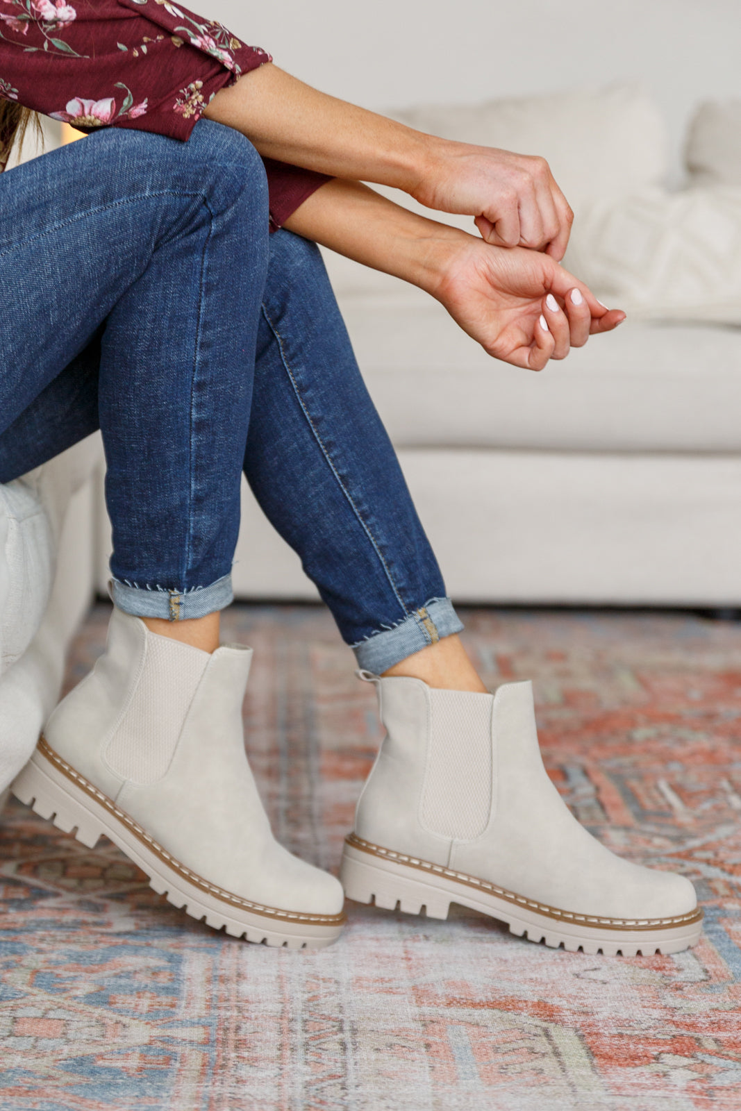 Lug Sole Chelsea Boots in Bone Suede