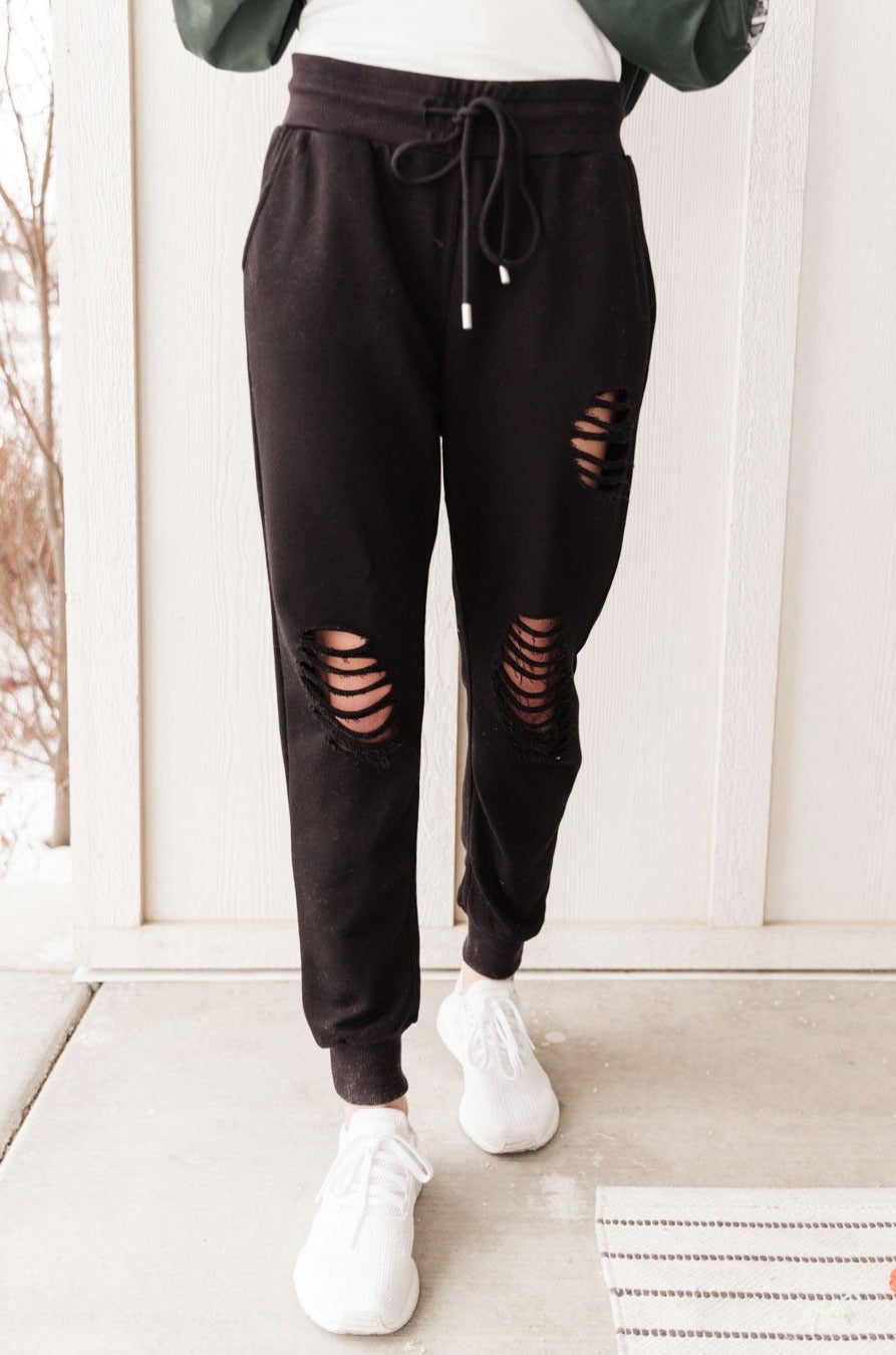 RESTOCKED | Lazy Days Distressed Joggers in Black