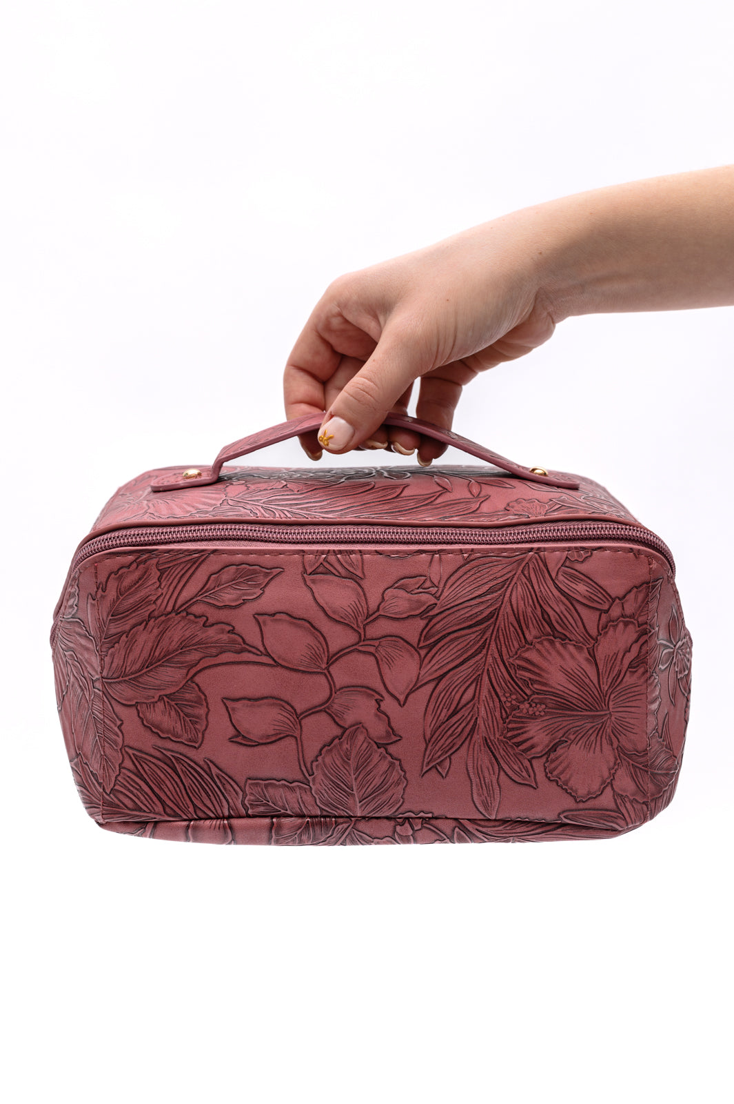 Floral Embossed Large Capacity Cosmetic Bag in Merlot