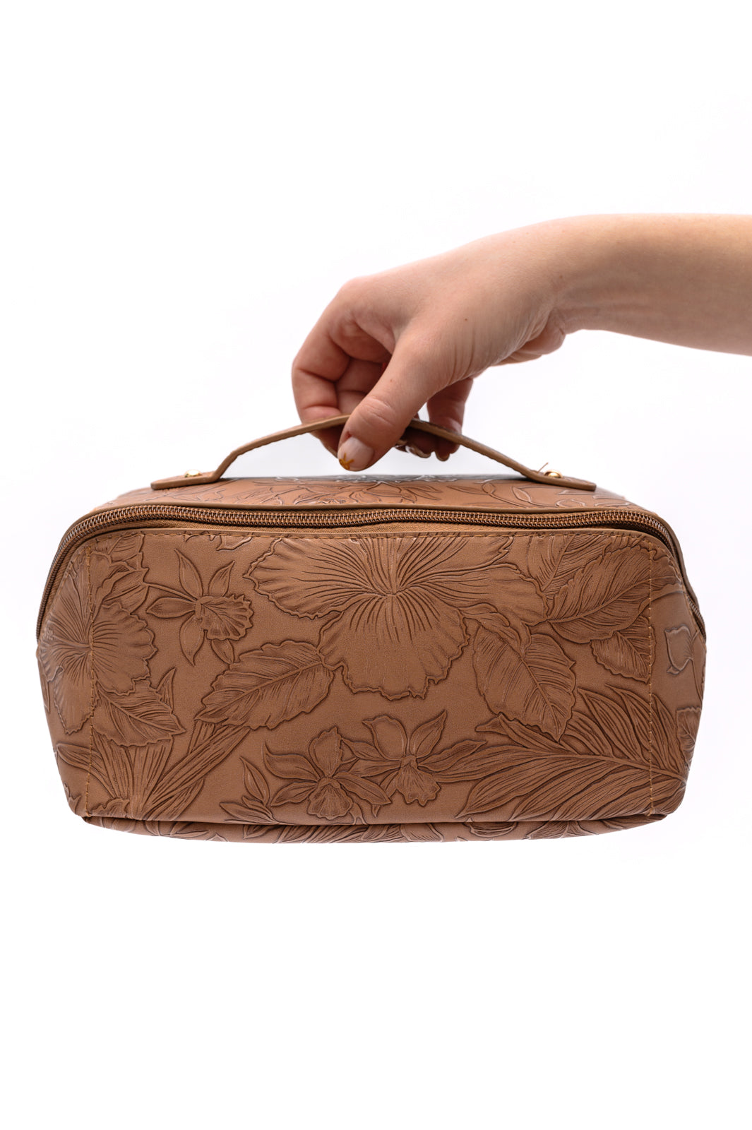 Floral Embossed Large Capacity Cosmetic Bag in Tan