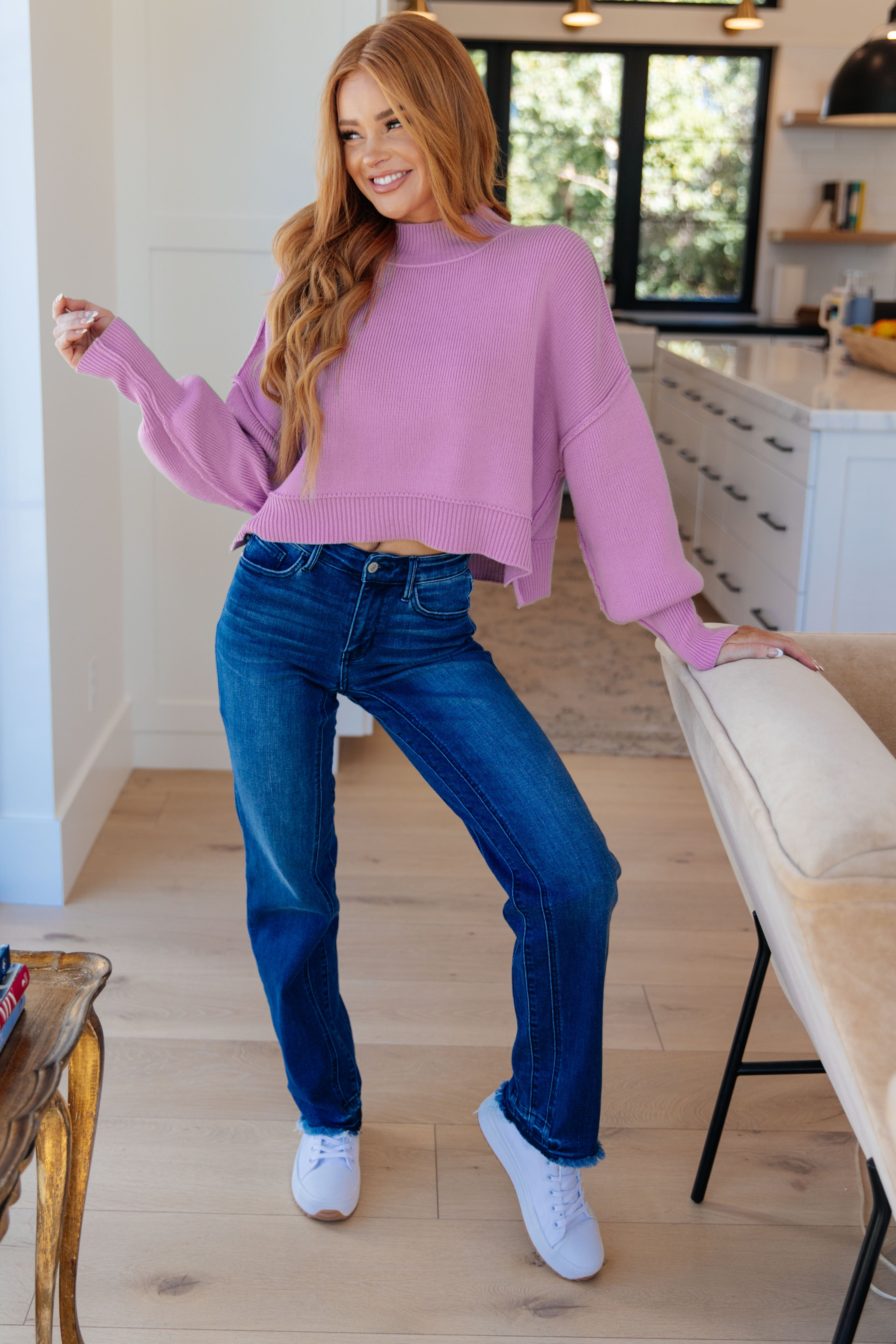 Maggie Mock Neck Cropped Sweater in Lavender