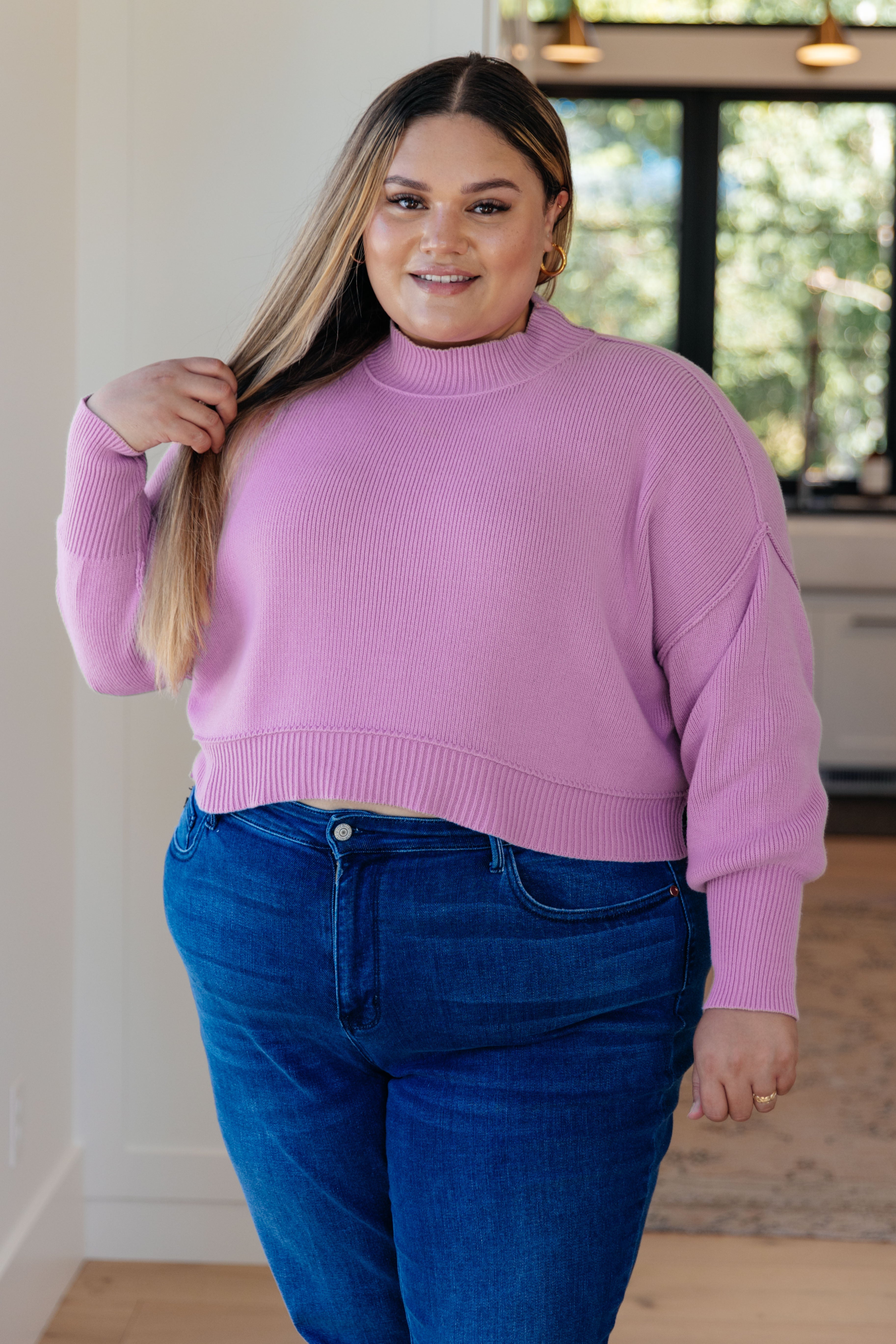 Maggie Mock Neck Cropped Sweater in Lavender