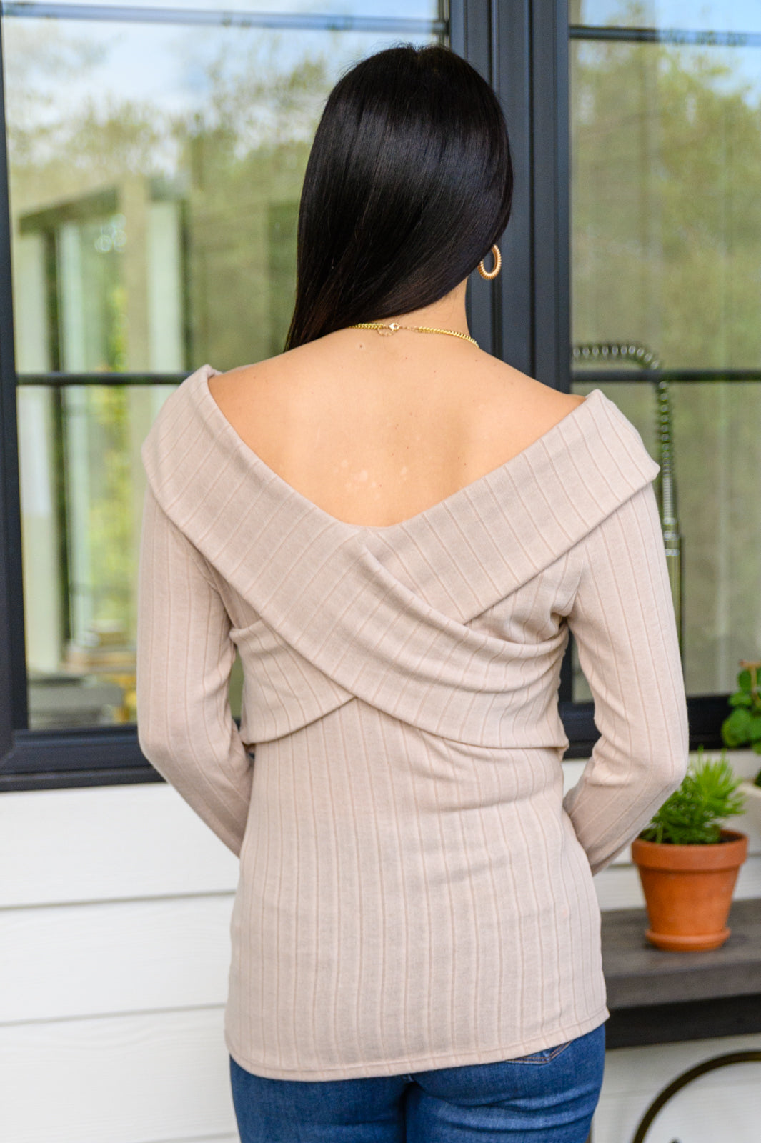 Katherine Faux Wrap Ribbed Top In Latte