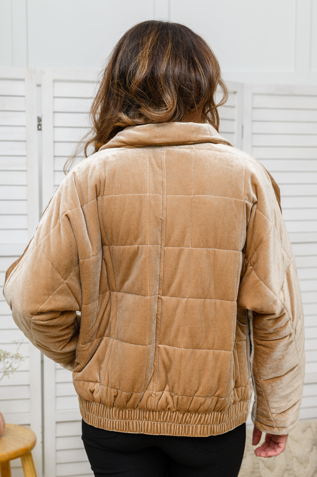 Sybil Crushed Velvet Puffer Jacket in Taupe