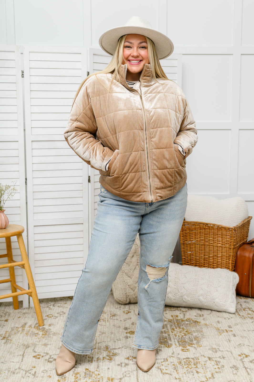 Sybil Crushed Velvet Puffer Jacket in Taupe