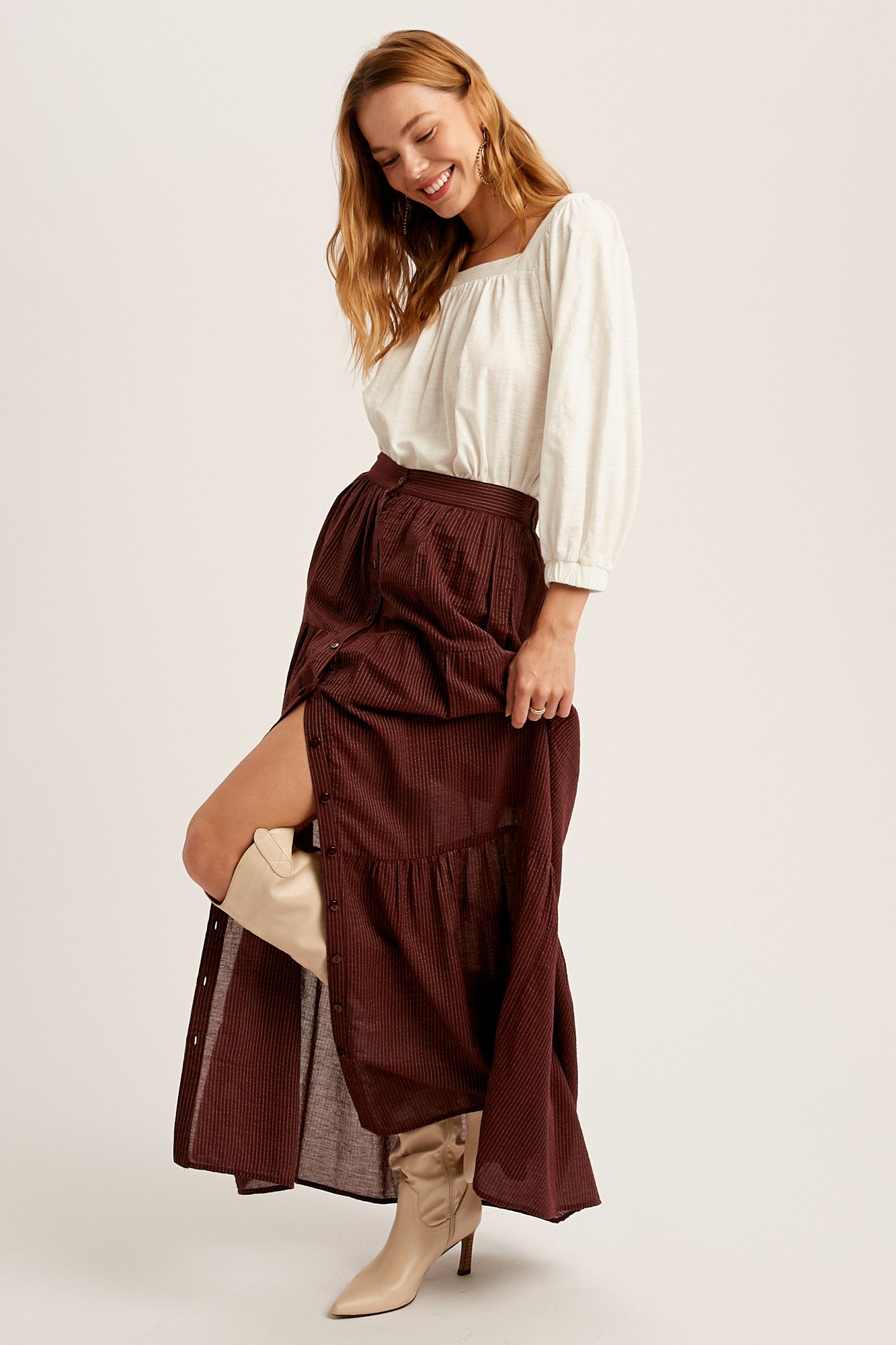 Camilla Button Up Tiered Maxi Skirt in Burgundy