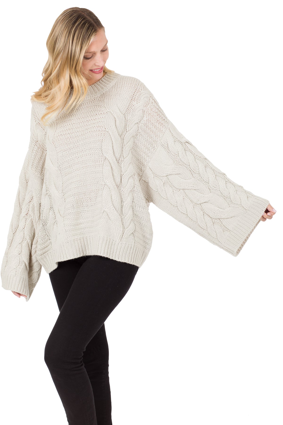 Mary Bell Sleeve Cable Knit Sweater in White Smoke