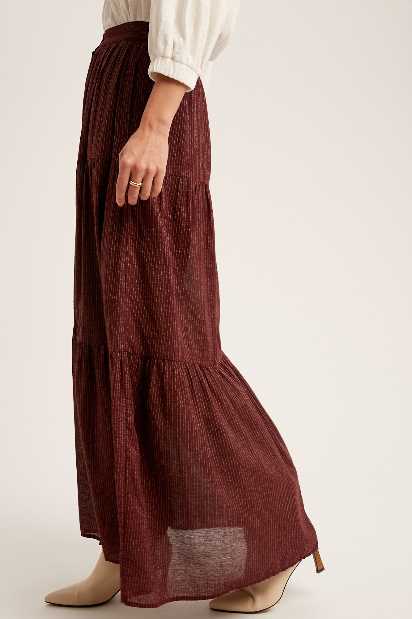 Camilla Button Up Tiered Maxi Skirt in Burgundy